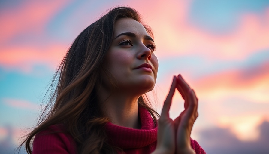12-minute meditation for peace, woman meditating against colorful sky.