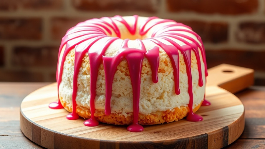 Fluffy angel food cake with pink drizzle, healthy dessert