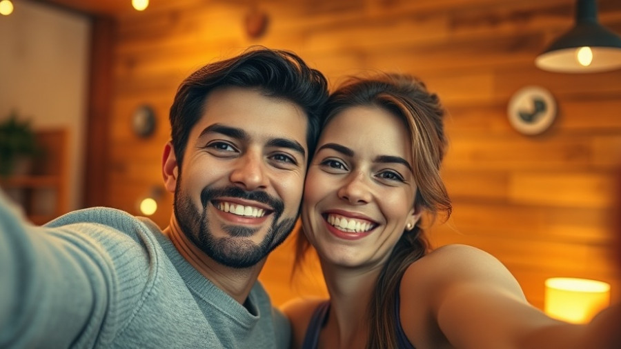 Smiling couple enjoying an indoor setting, showcasing a happy moment.