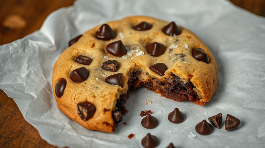 Delicious weekend ideas: gooey chocolate chip cookie on parchment.