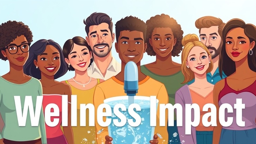 Diverse individuals standing near a water fountain, symbolizing health and wellness.