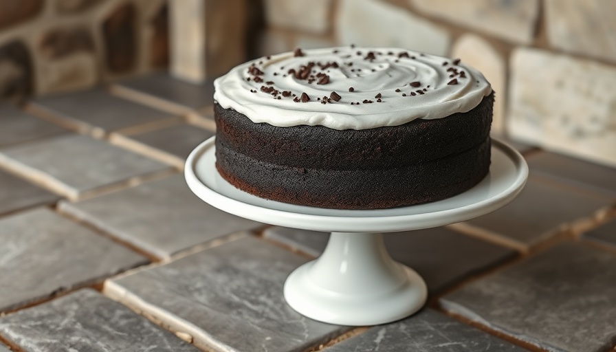 Rich chocolate cake with creamy frosting on a white stand.