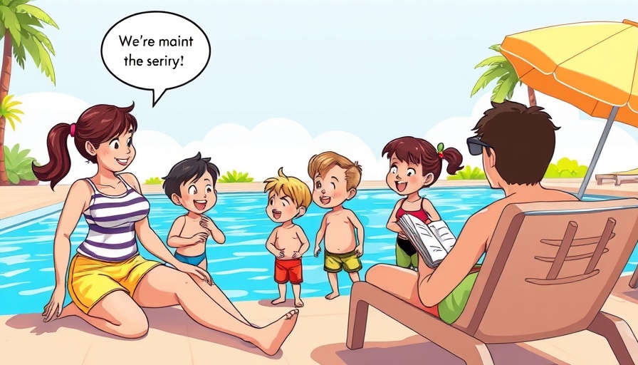 Cartoon family at poolside with sunbather promoting pool culture benefits.