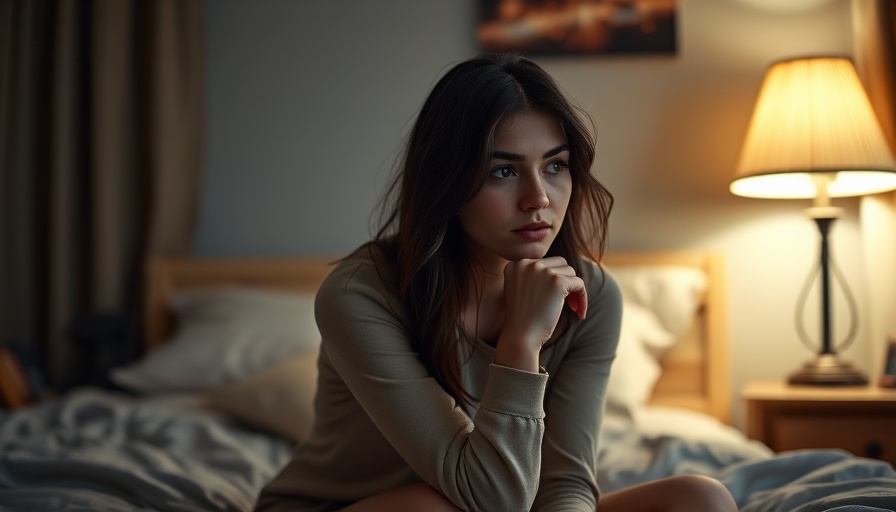 Young woman sitting on bed in softly lit room for nighttime depression treatment.