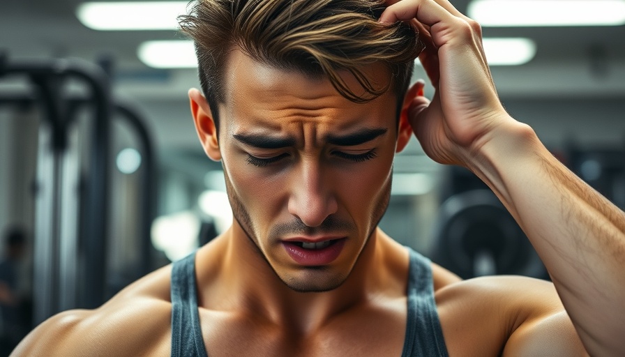 Young man with exercise-induced headache in gym setting.
