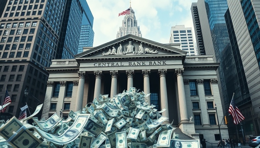 Central bank funneling money concept in urban setting.