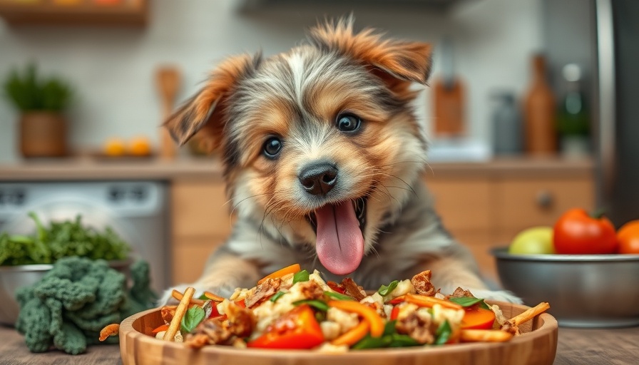 Puppy eating a budget-friendly real-food diet in a cozy kitchen.