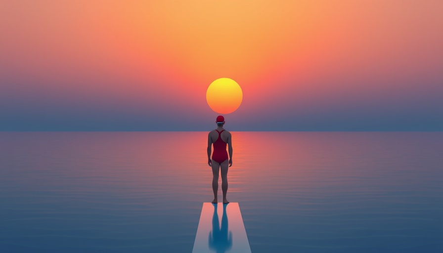 Minimalist diver in red suit standing at sunset, 'suck it up mindfulness'.