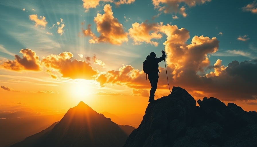 Climber silhouette reaching summit at sunset, symbolizing mindfulness for managing stress.