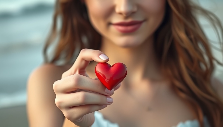 Young woman holding red heart at beach, symbolizing wise engagement with emotions.