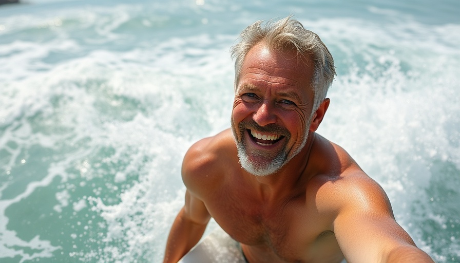 Energetic older man surfing to optimize testosterone levels naturally.