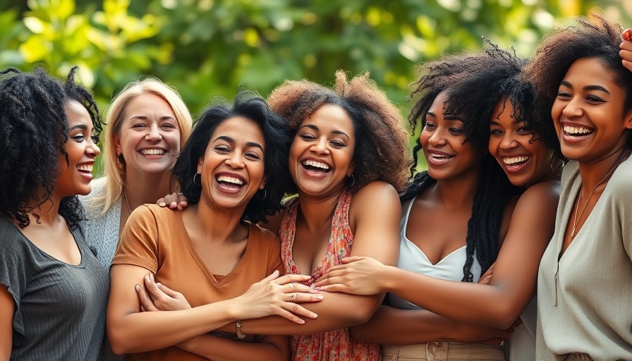 Five diverse women smiling and embracing outdoors, highlighting health and connection.