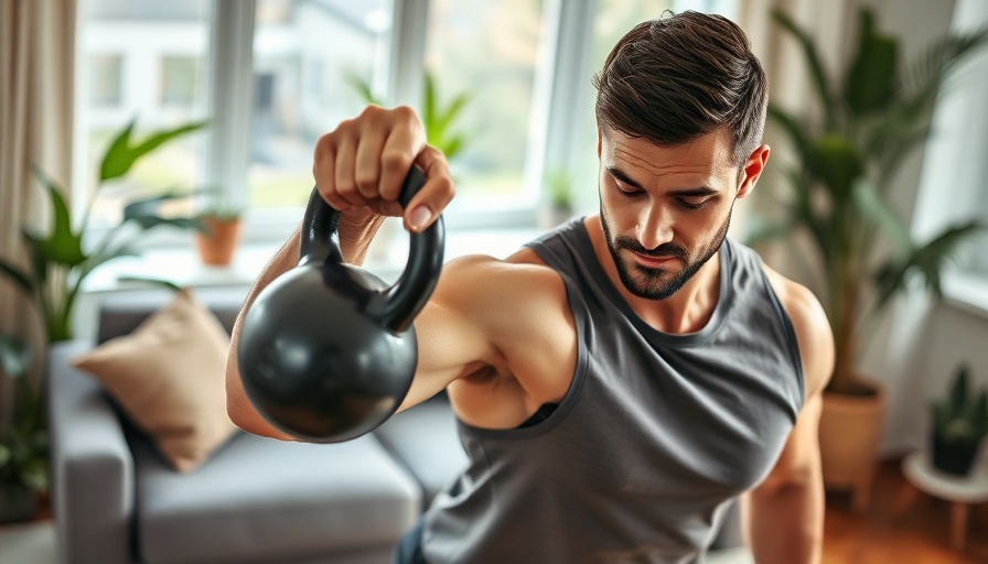 Man exercising at home lifting kettlebell for better health.