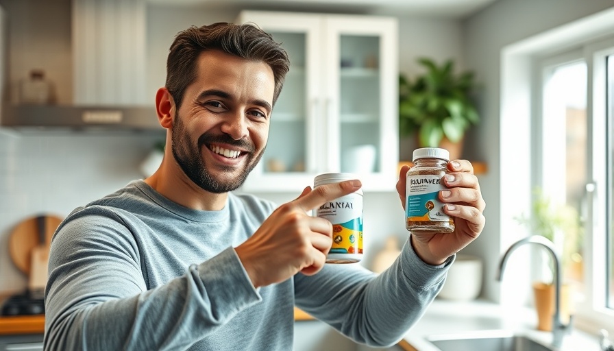 Nutrition tips for healthy living video with man explaining supplements in kitchen.