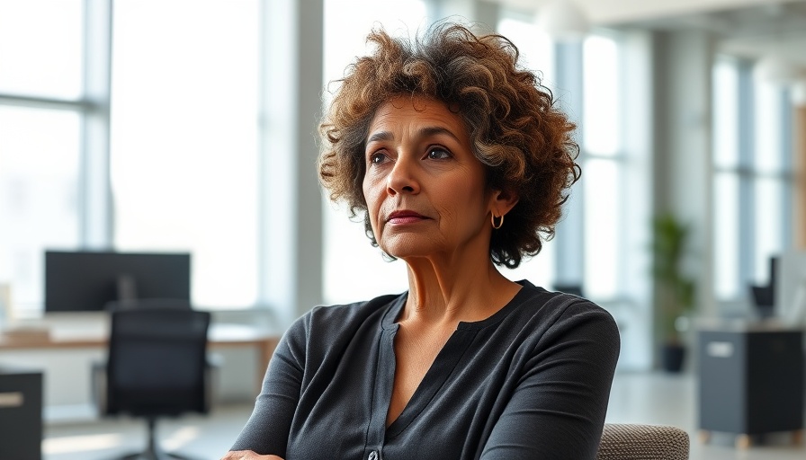 Older woman reflecting in office with natural light; menopause and mental health nutrition tips.