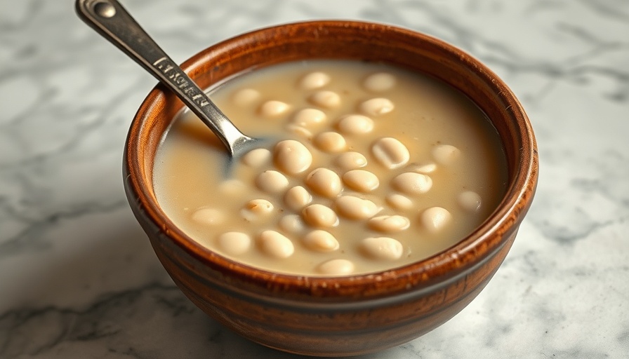 Smoky white bean soup in a ceramic bowl with a spoon.