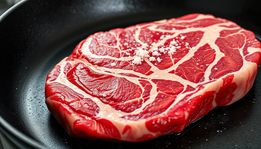 Raw marbled beef steak on pan, seasoned with coarse salt.