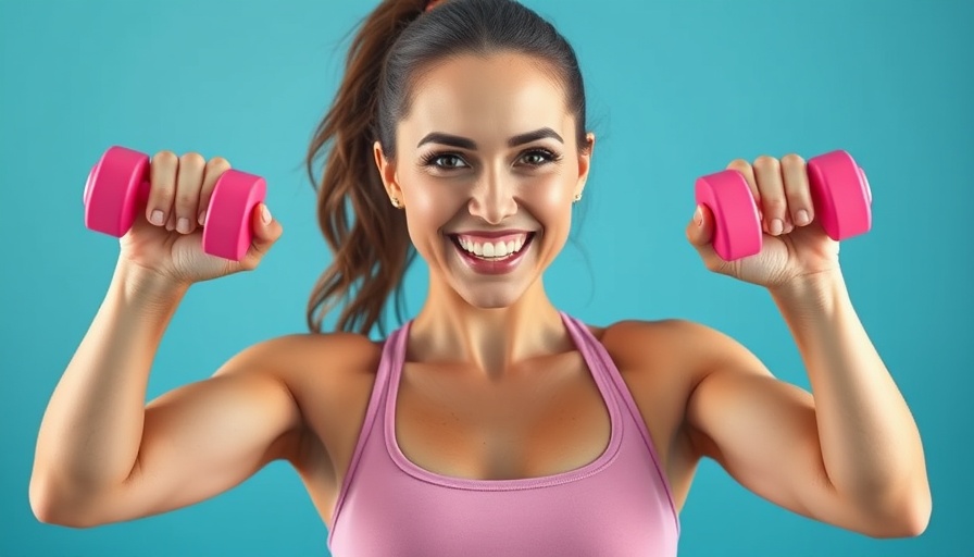 Energetic woman holding dumbbells, smiling confidently.