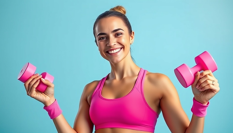 Smiling woman with dumbbells offering daily exercise tips