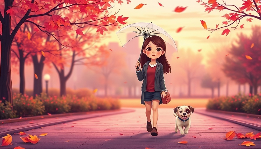 Whimsical cartoon of woman and dog in park, colorful autumn setting.
