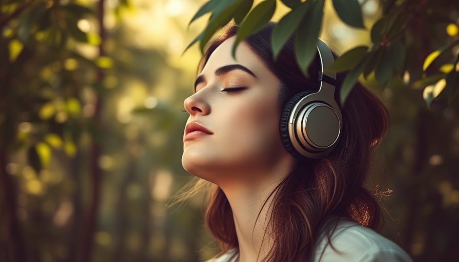 Woman enjoying music with headphones in nature, healing power of music scene.