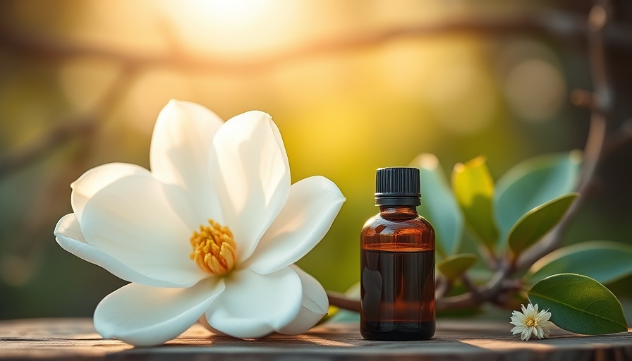Magnolia essential oil wellness benefits with flowers.