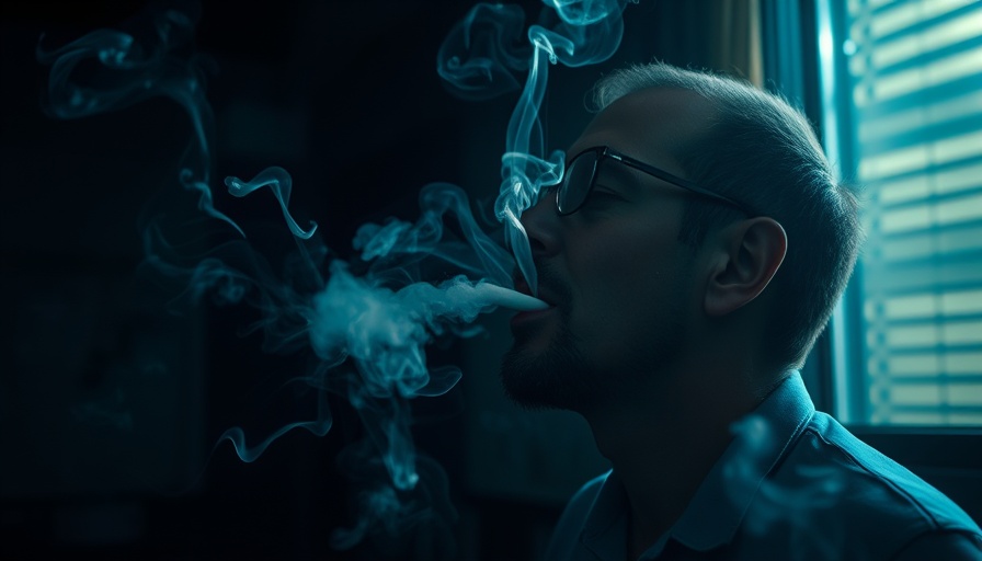 Man exhaling cigarette smoke indoors, highlighting heavy smoking effects.