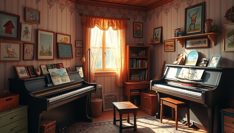 Cleaning out childhood bedroom with drawings and piano.