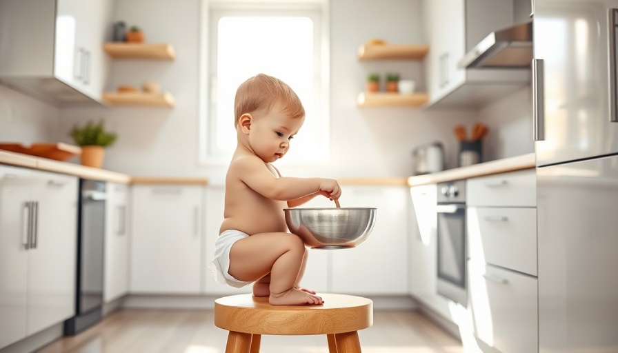Young child cooking in modern kitchen with healthy Trader Joe’s items.