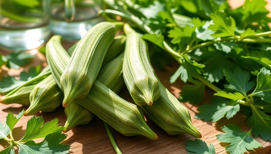 Fresh okra and fenugreek leaves with water beakers.