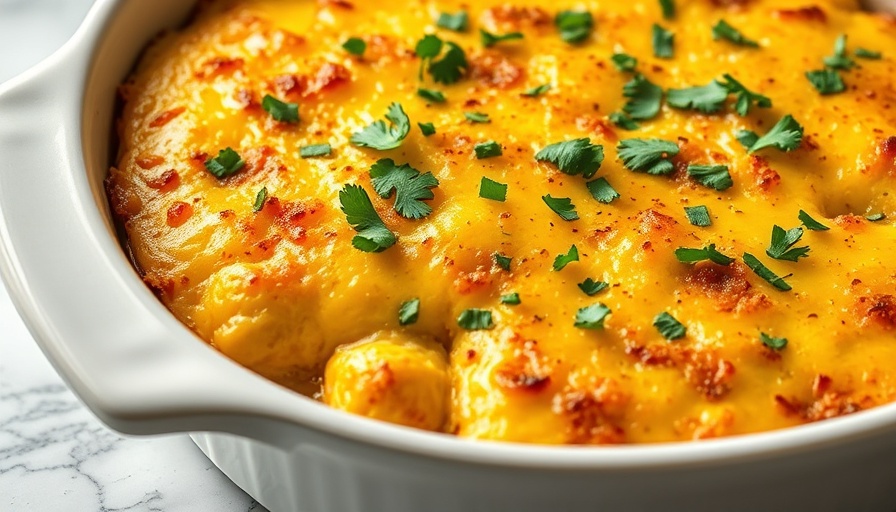 High protein street corn casserole with golden crust.