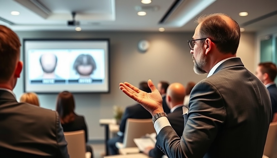 Speaker at conference discussing hair loss treatment slides