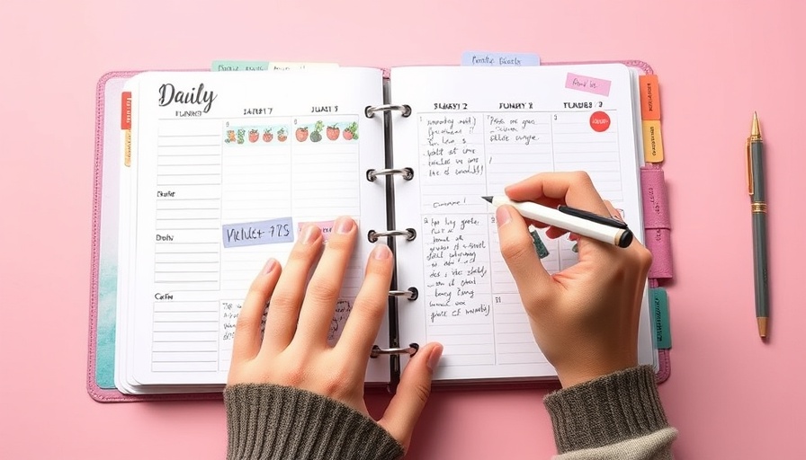 Hand writing in planner to stay on track while traveling.