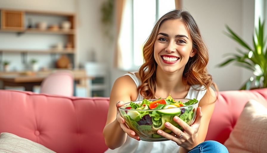 Woman enjoying high protein summer salad, sitting on a sofa.