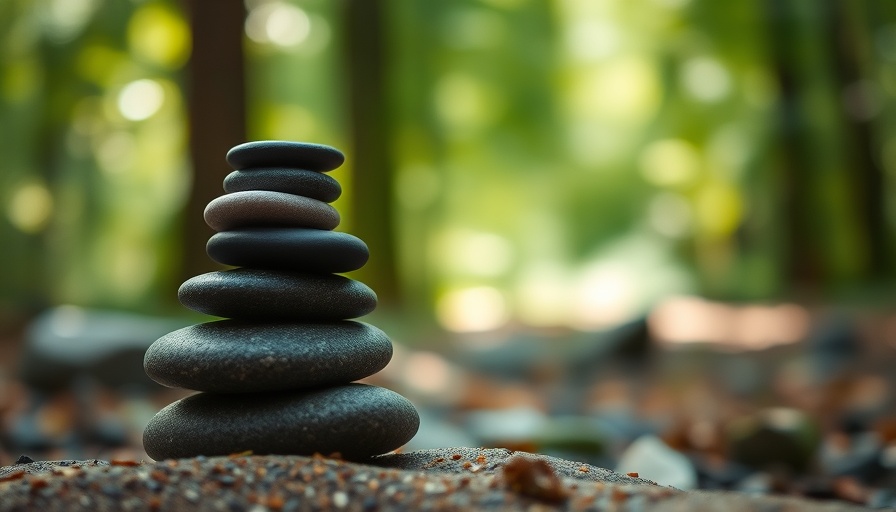 Balanced stones in forest, symbolizing the nine attitudes of mindfulness.