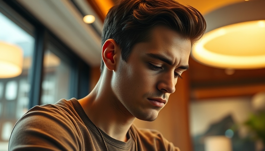 Thoughtful man considering acupressure for erectile dysfunction, modern setting.