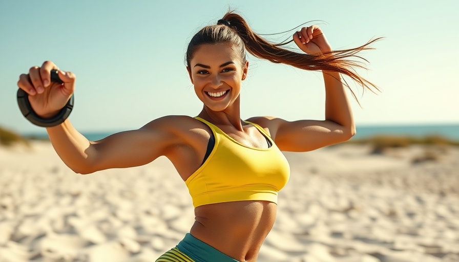 Woman exercising on beach for mental health in blue outfit.