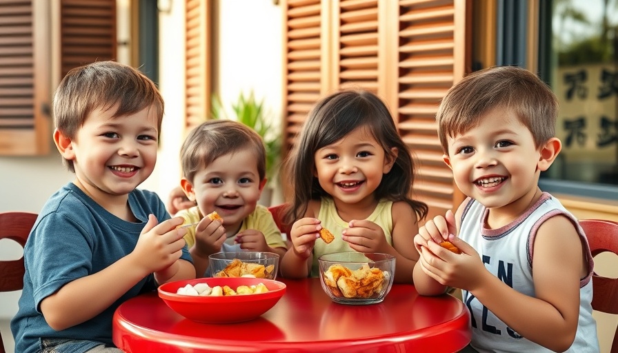 Young children enjoying snacks at a red table promoting healthy lifestyle changes.