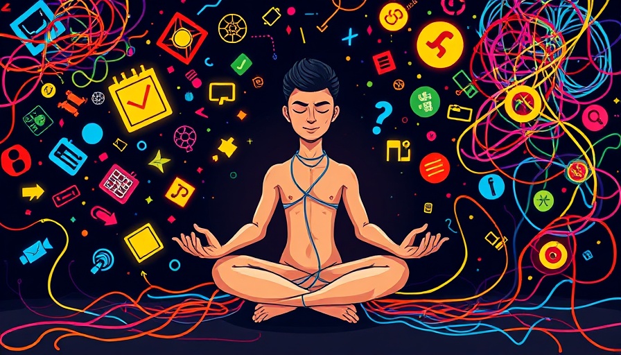 Mindfulness illustration of a meditating person overcoming digital chaos.