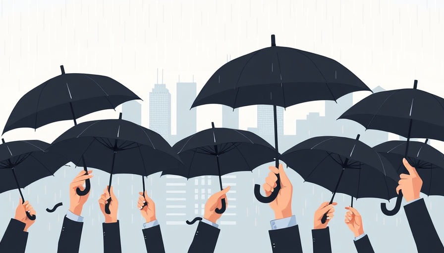 Cartoon umbrellas in rain with city backdrop for meditation concept