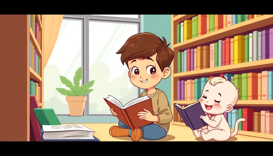 Whimsical library activities in cartoon style, featuring tutoring, books, and displays.