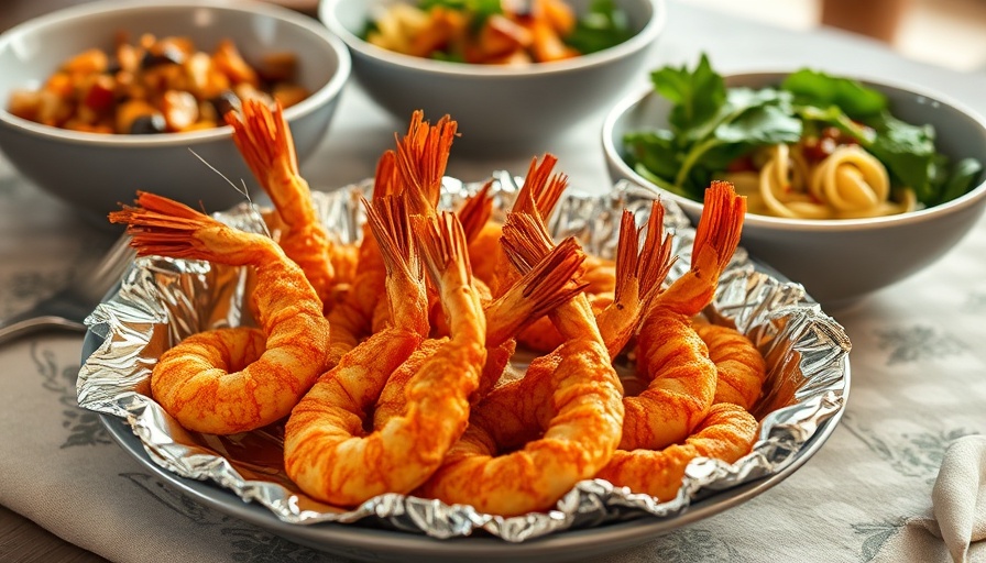 Freddie's Baked Shrimp Recipe with pasta and salad on a table.