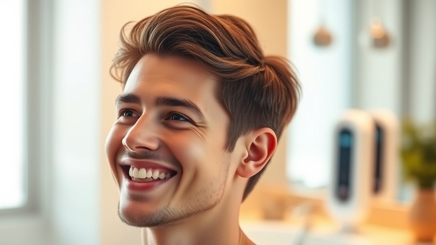 Young male smiling confidently with a full head of hair, using a laser hair regrowth device.