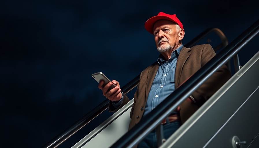 Older man holding smartphone at night, standing on airplane stairs, Trump TikTok Buyer.