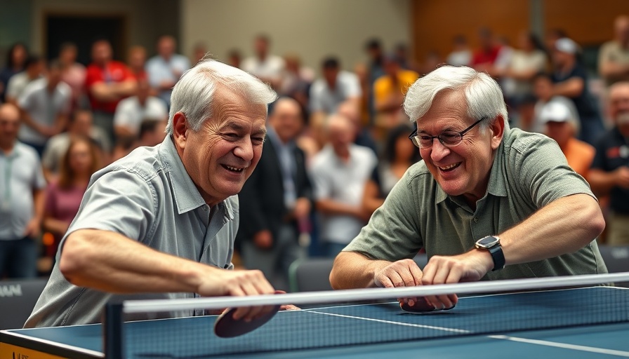 Two older men enjoy table tennis game, symbolizing a strong friendship.