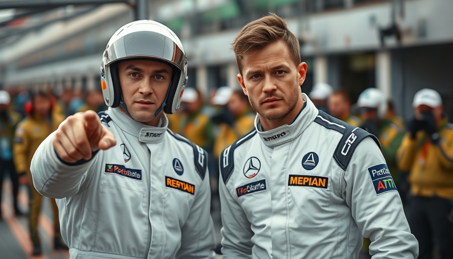Two racing drivers at a pit stop during a race, serious expressions, Apple F1 box office success.