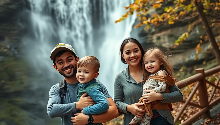 Stay-at-home dad decision: happy family hiking by waterfall.
