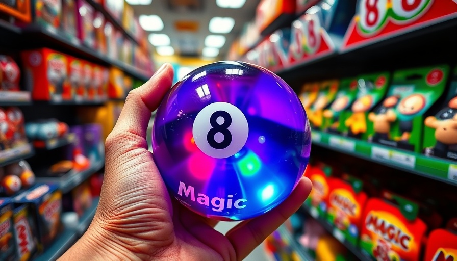 Magic 8 Ball toy in store with colorful games, carry-on items not allowed through airport security.