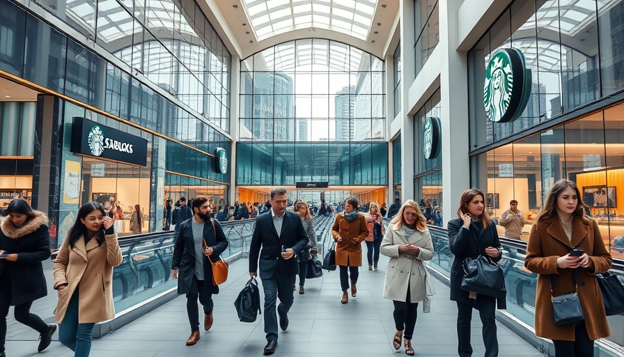 Modern shopping area with Starbucks logo and people.