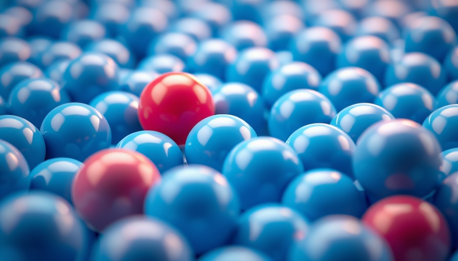 Unique red sphere among blue spheres, symbolizing business health benefits innovation.
